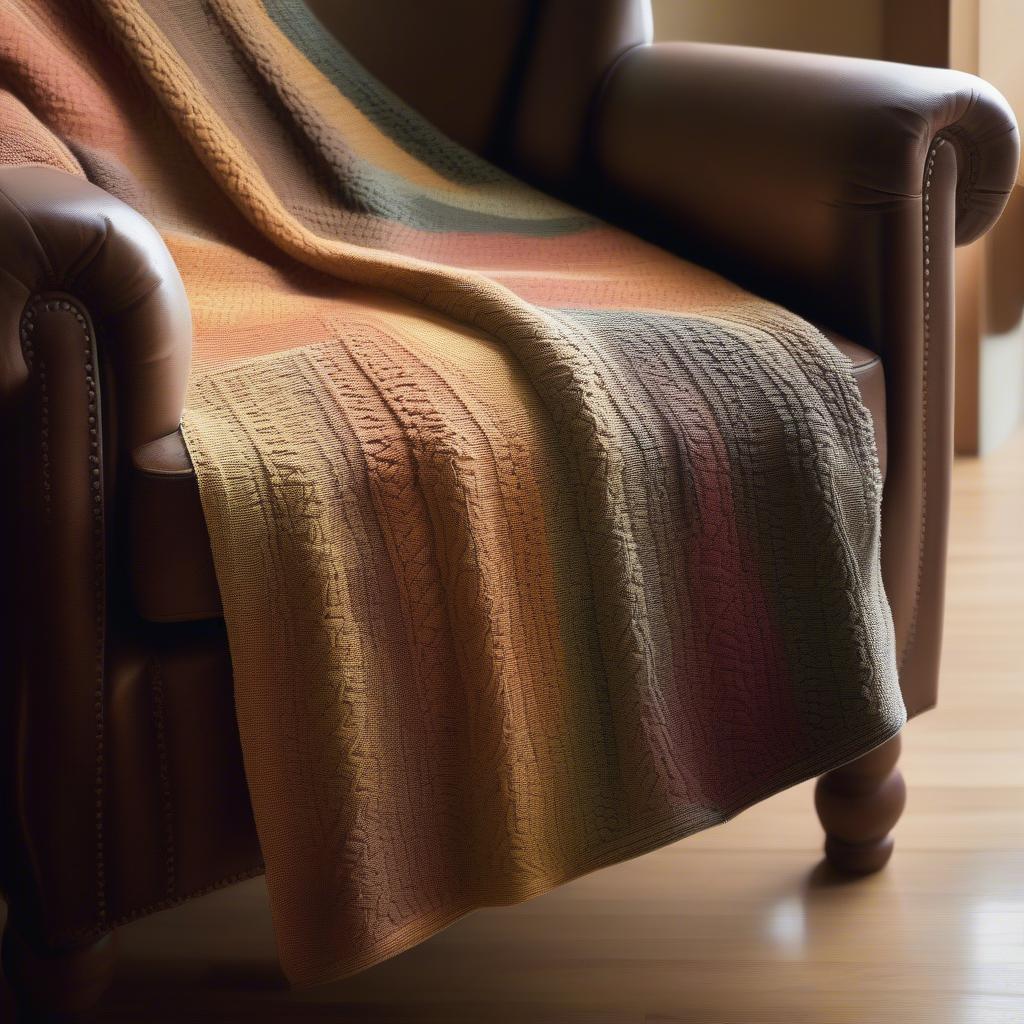 A completed basket weave log cabin blanket draped over a chair