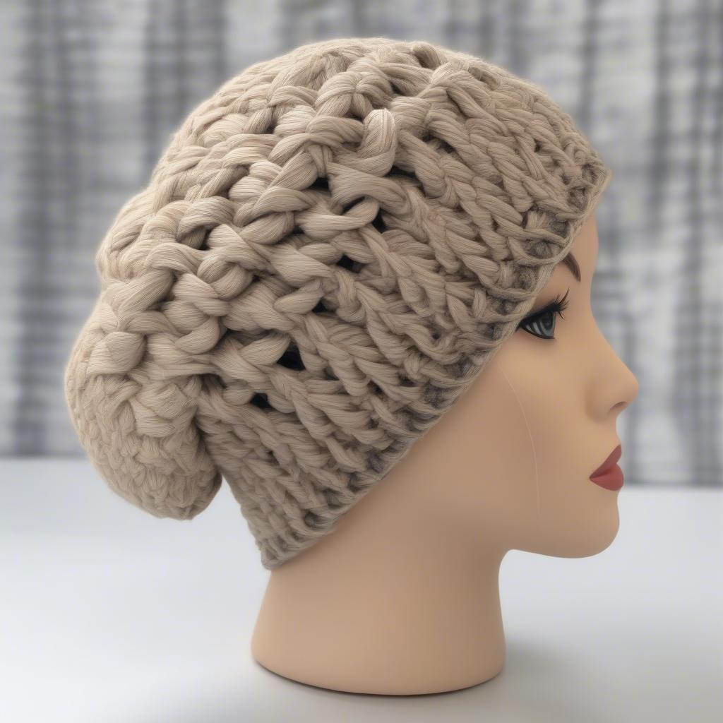 A completed basket weave messy bun hat styled on a mannequin head.