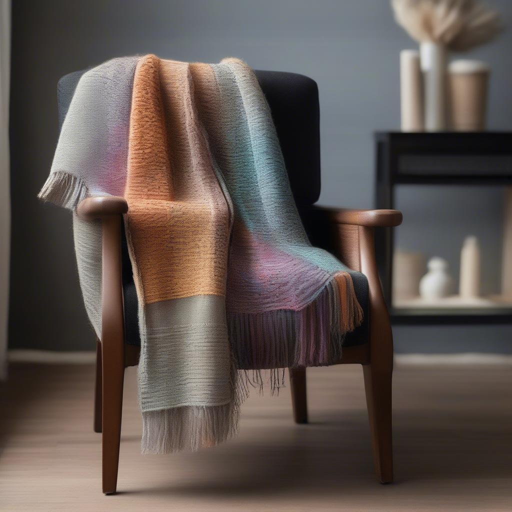 Several finished basket weave scarves draped over a chair, showcasing different yarn colors and textures