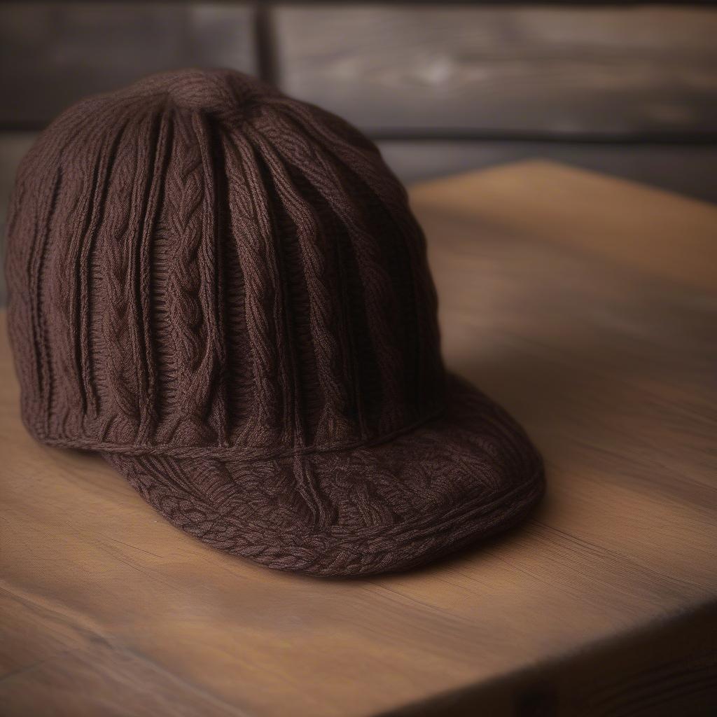 A completed cable knit hat displayed on a wooden surface