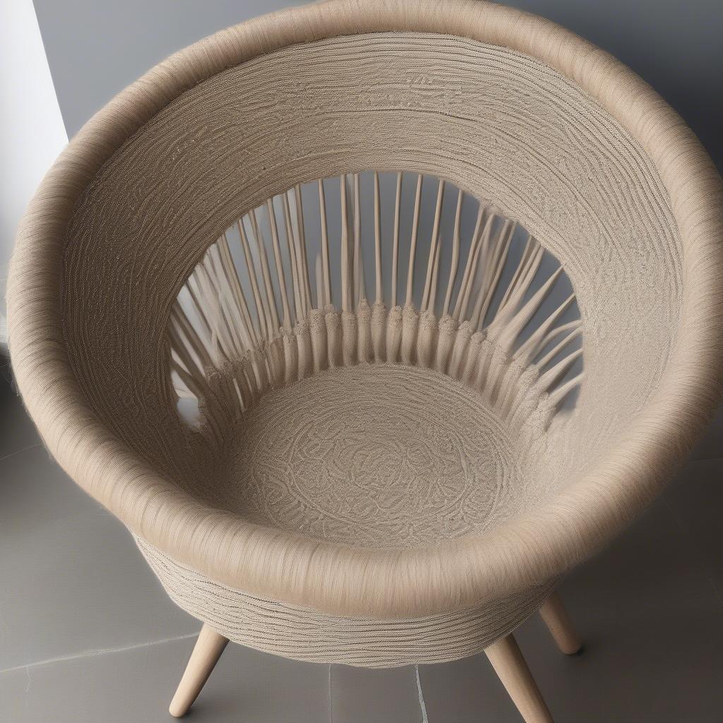 A completed chair with a woven rope seat