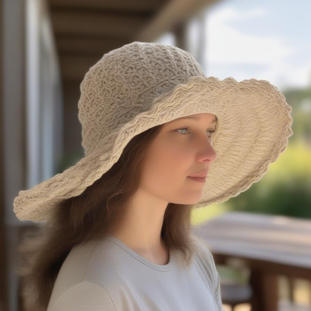 A completed crochet basket weave hat band attached to a hat.