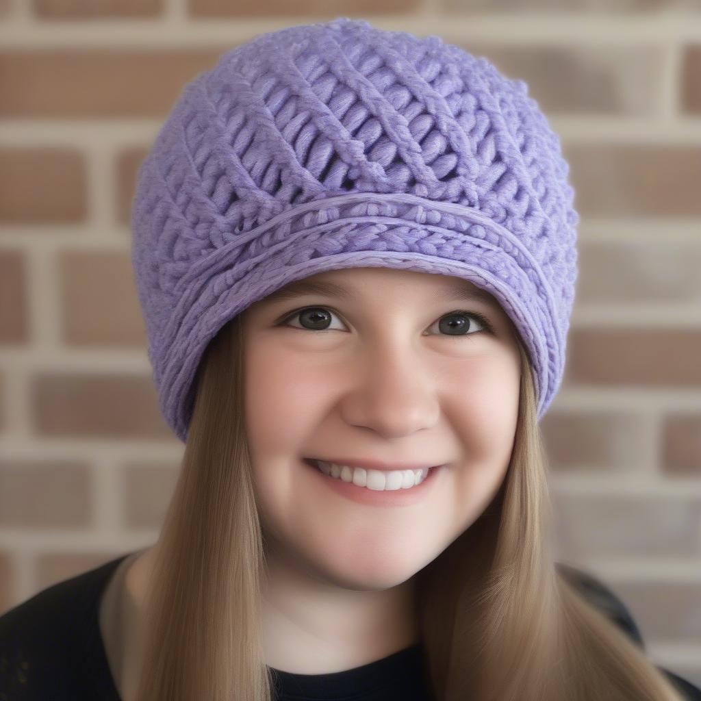 Completed crochet cupcake hat displaying the basket weave band