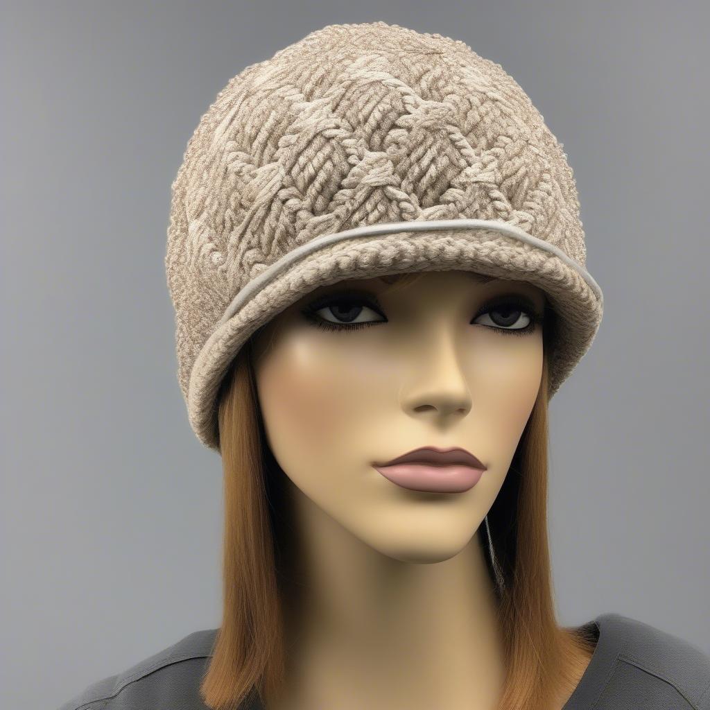 A completed diamond crochet basket weave hat displayed on a mannequin head.