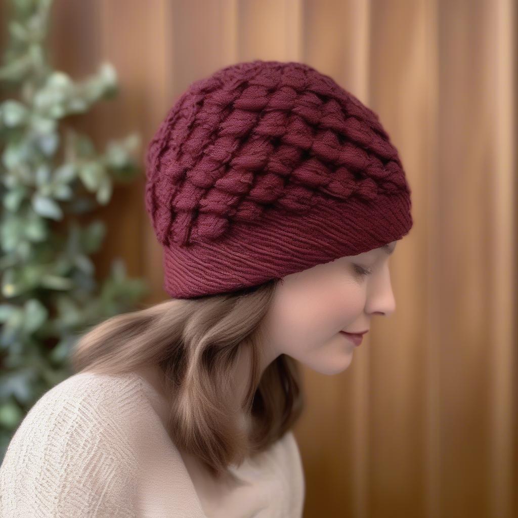 A completed knitted basket weave hat, showcasing the beautiful texture and fit.