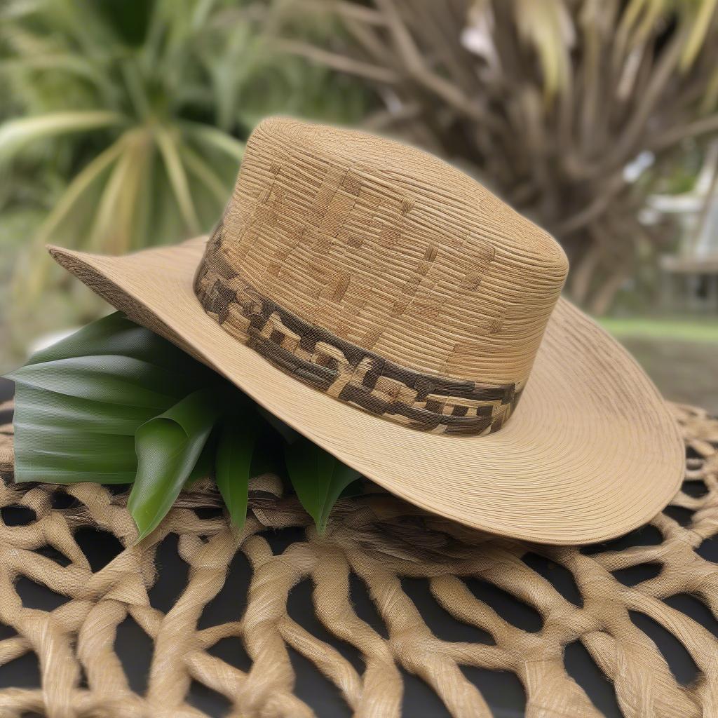 A beautifully crafted lauhala hat displayed on a stand, showcasing the intricate weaving and craftsmanship.