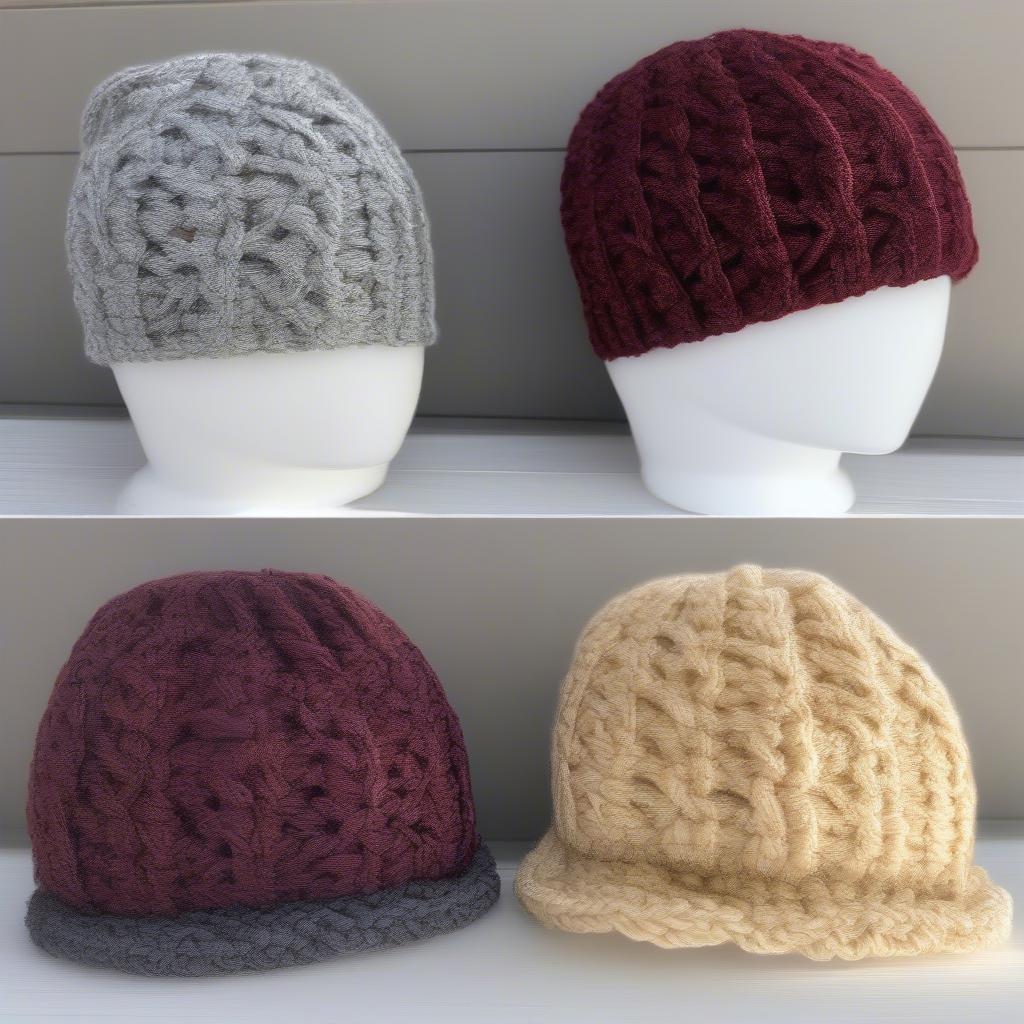 Display of finished basket weave messy bun hats in various colors and yarn types