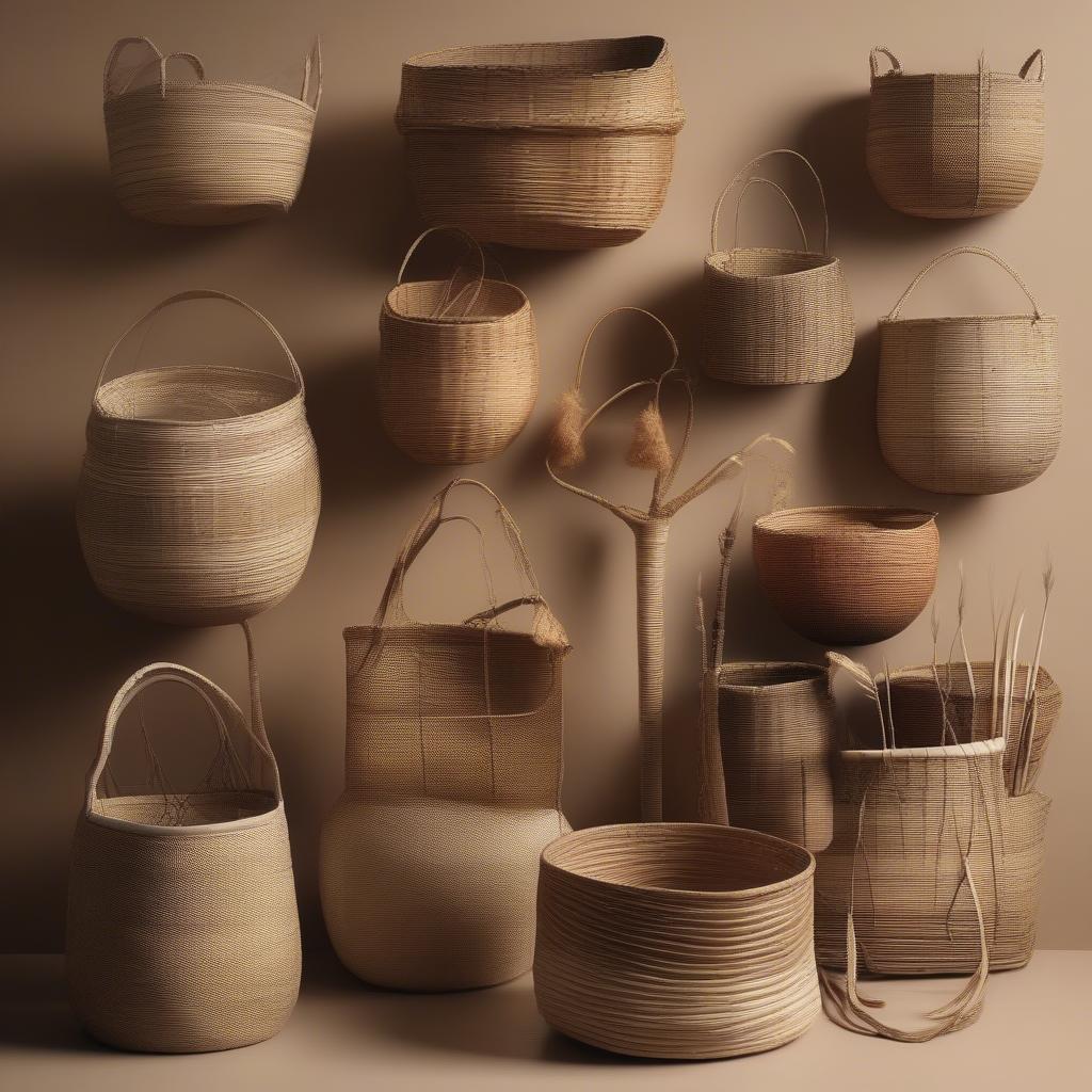 Various finished natural reed baskets