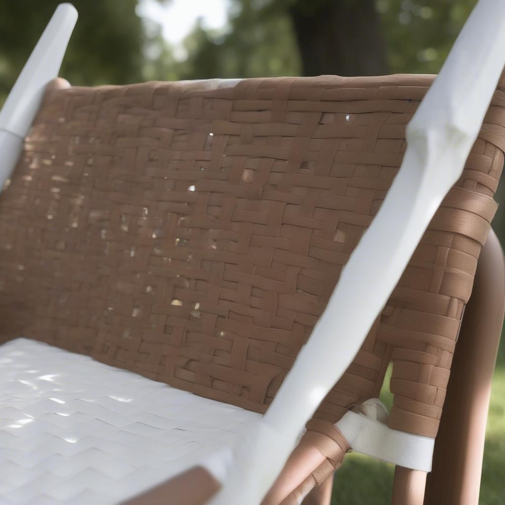 A finished chair seat woven from painters tarp.