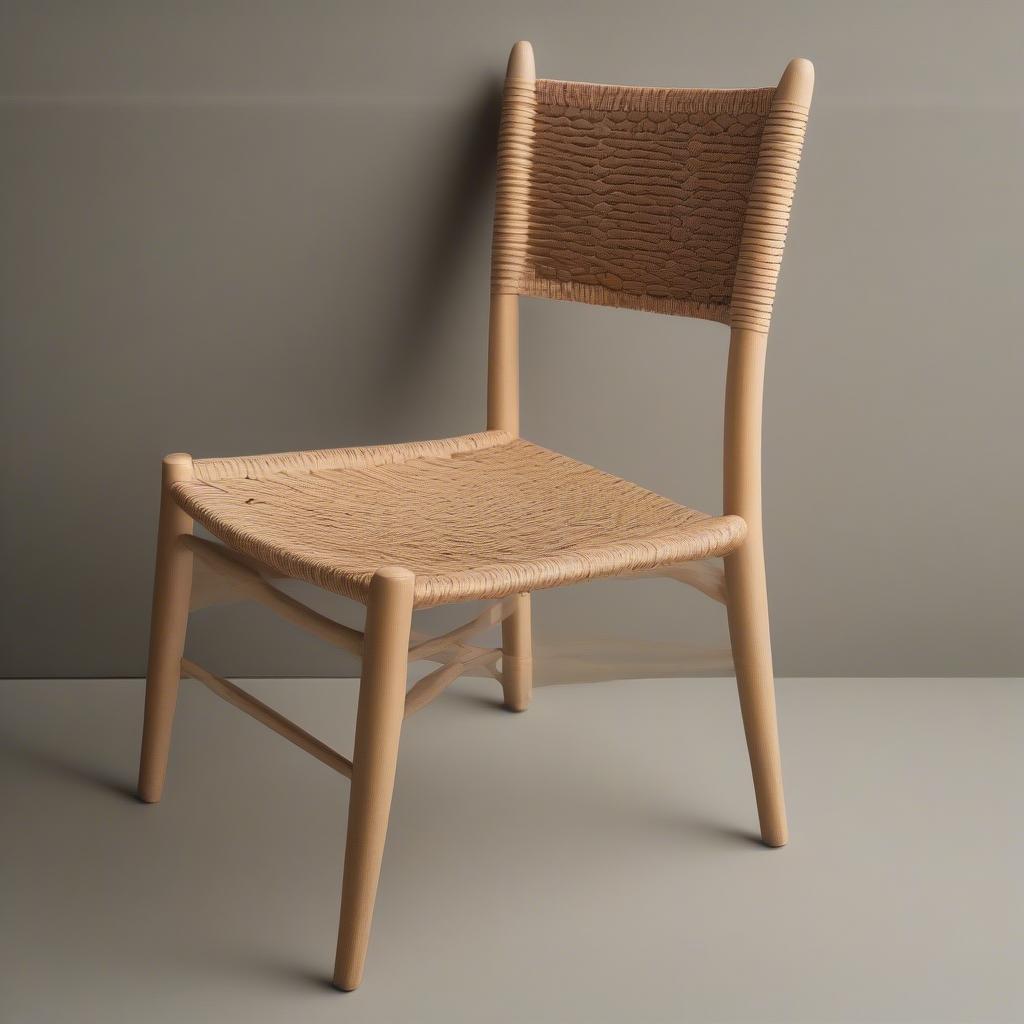 A completed chair with a beautifully woven paper rush seat