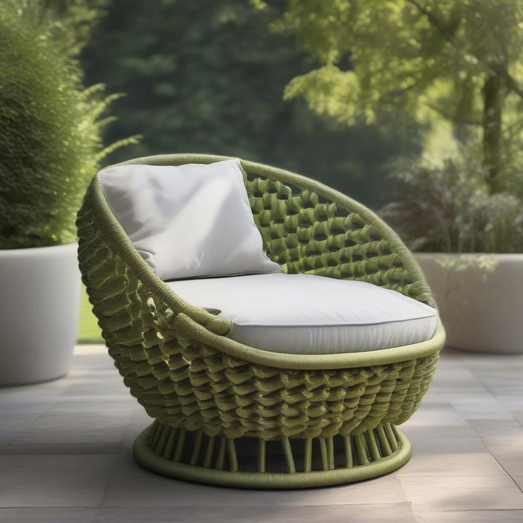 A finished paracord round chair placed in a relaxing outdoor setting, surrounded by greenery.