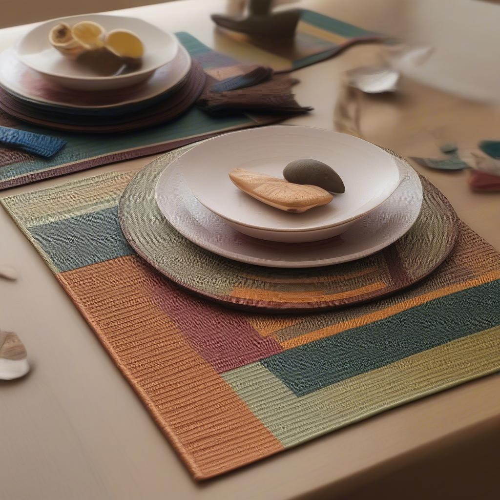 Several completed ribbon woven table mats in different colors and patterns displayed on a dining table.