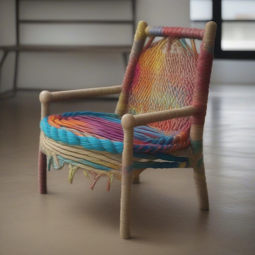 A finished chair with a beautifully woven rope seat, showcasing a complex pattern and vibrant colors.