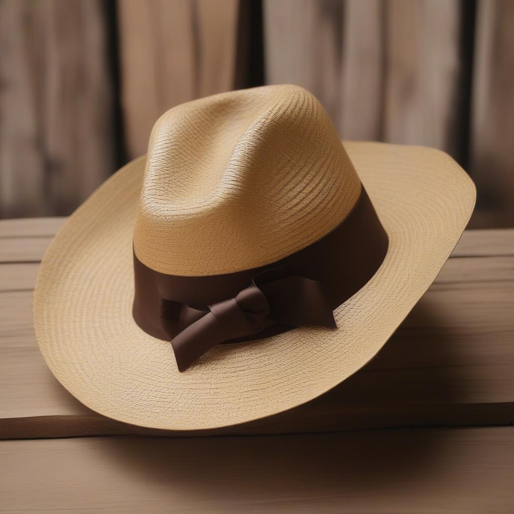 A completed straw hat adorned with a ribbon.