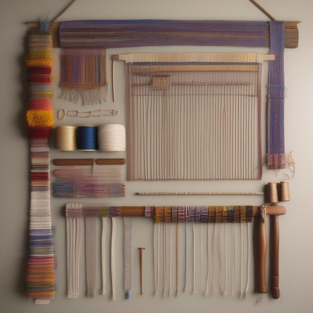 Several finished projects made on a table weaving peg loom, showcasing different patterns and colors