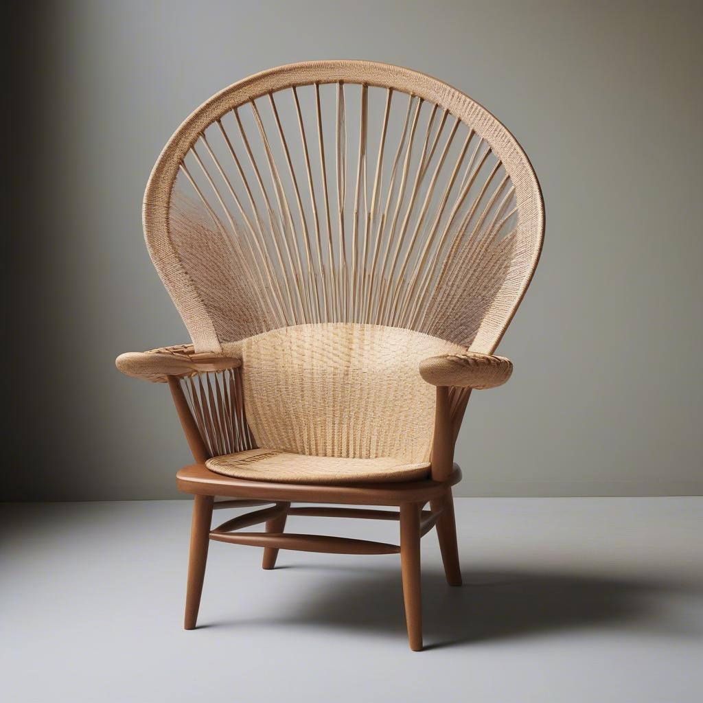 A fully restored Wegner Peacock chair with a newly woven seat, showcasing the final result.