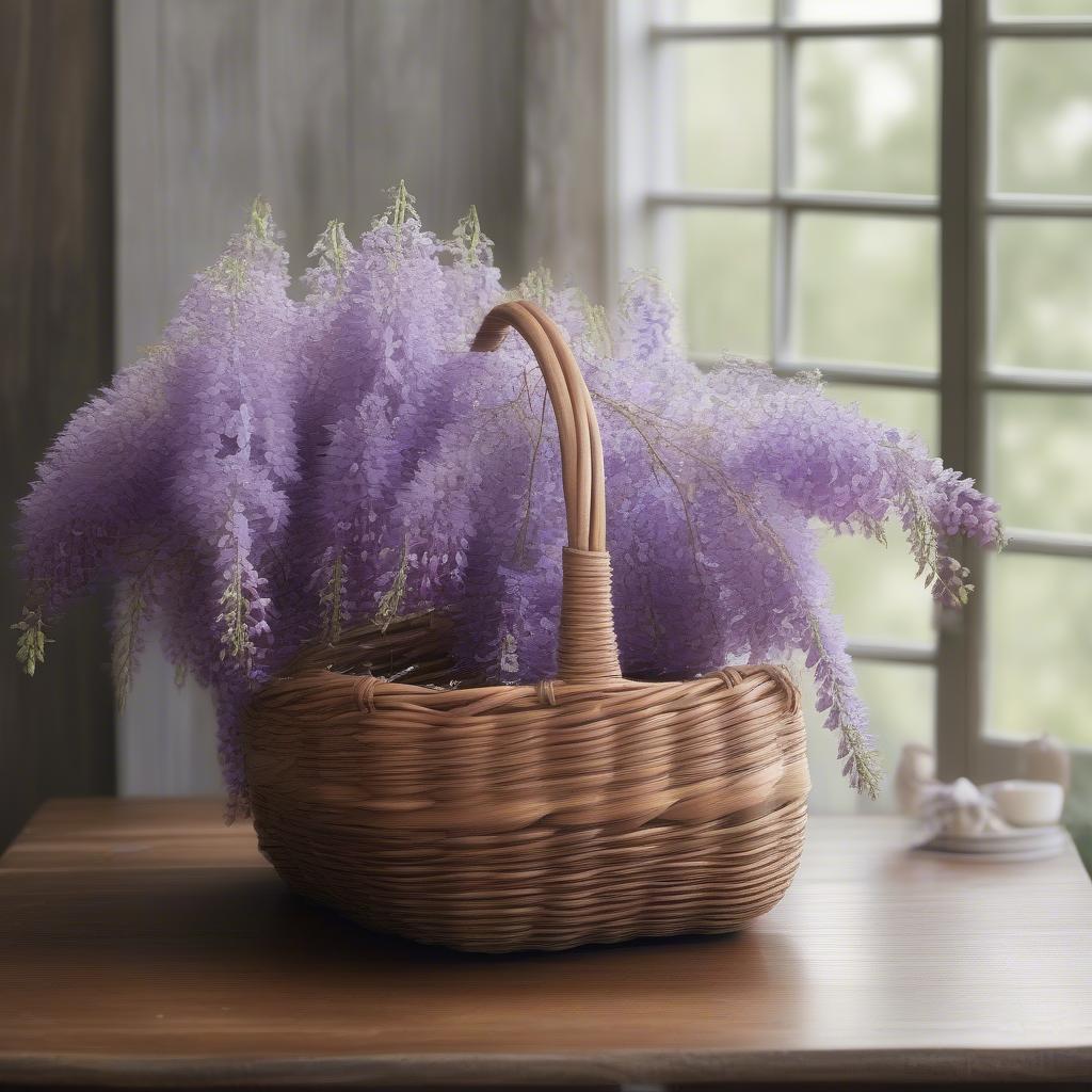 A finished wisteria basket displayed on a table.