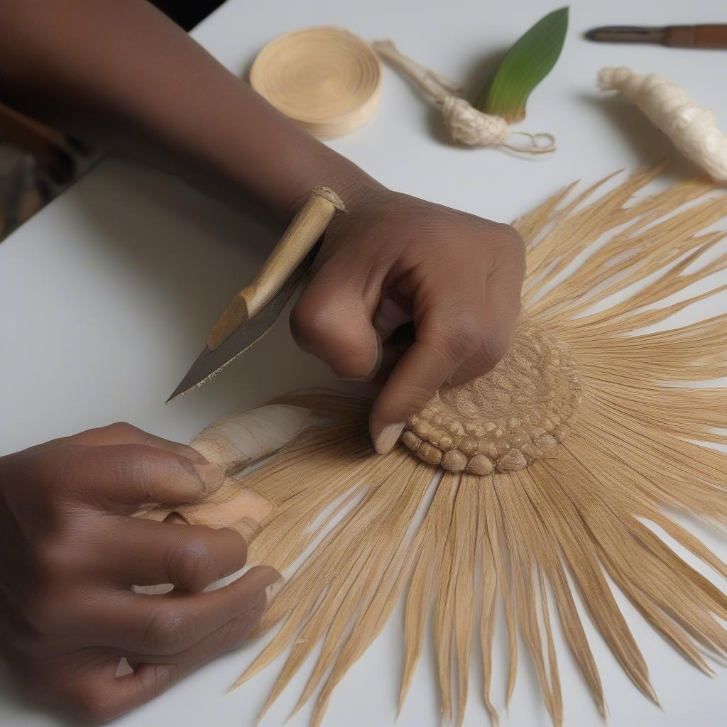 Finishing touches being applied to a woven palm frond hat, including trimming excess material and adding decorative elements.