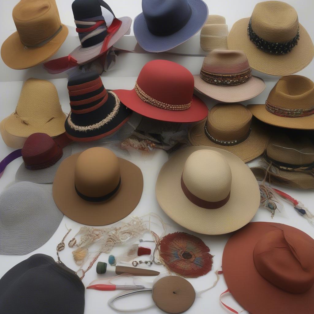 Finishing touches for a wide brim hat including adding a ribbon, embellishments, and shaping the brim.