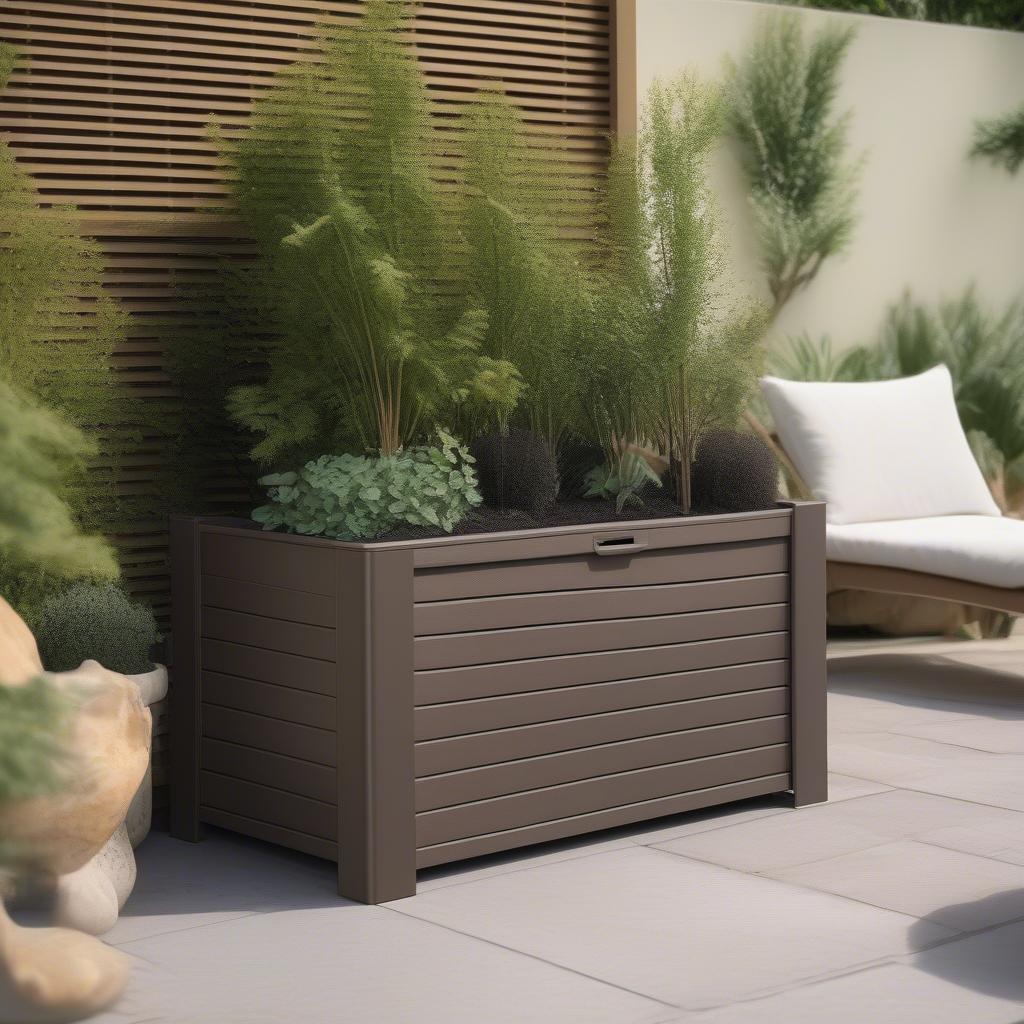 Flecha Spacemaker Deck Box placed in a garden setting, surrounded by plants and outdoor furniture.