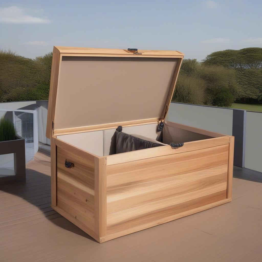 Open Flecha Spacemaker Deck Box with outdoor cushions stored inside.