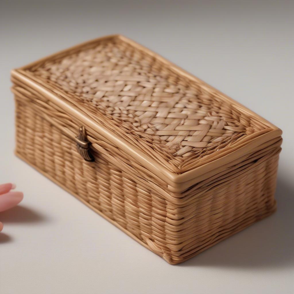 Close-up of a wicker trinket box with woven floral design