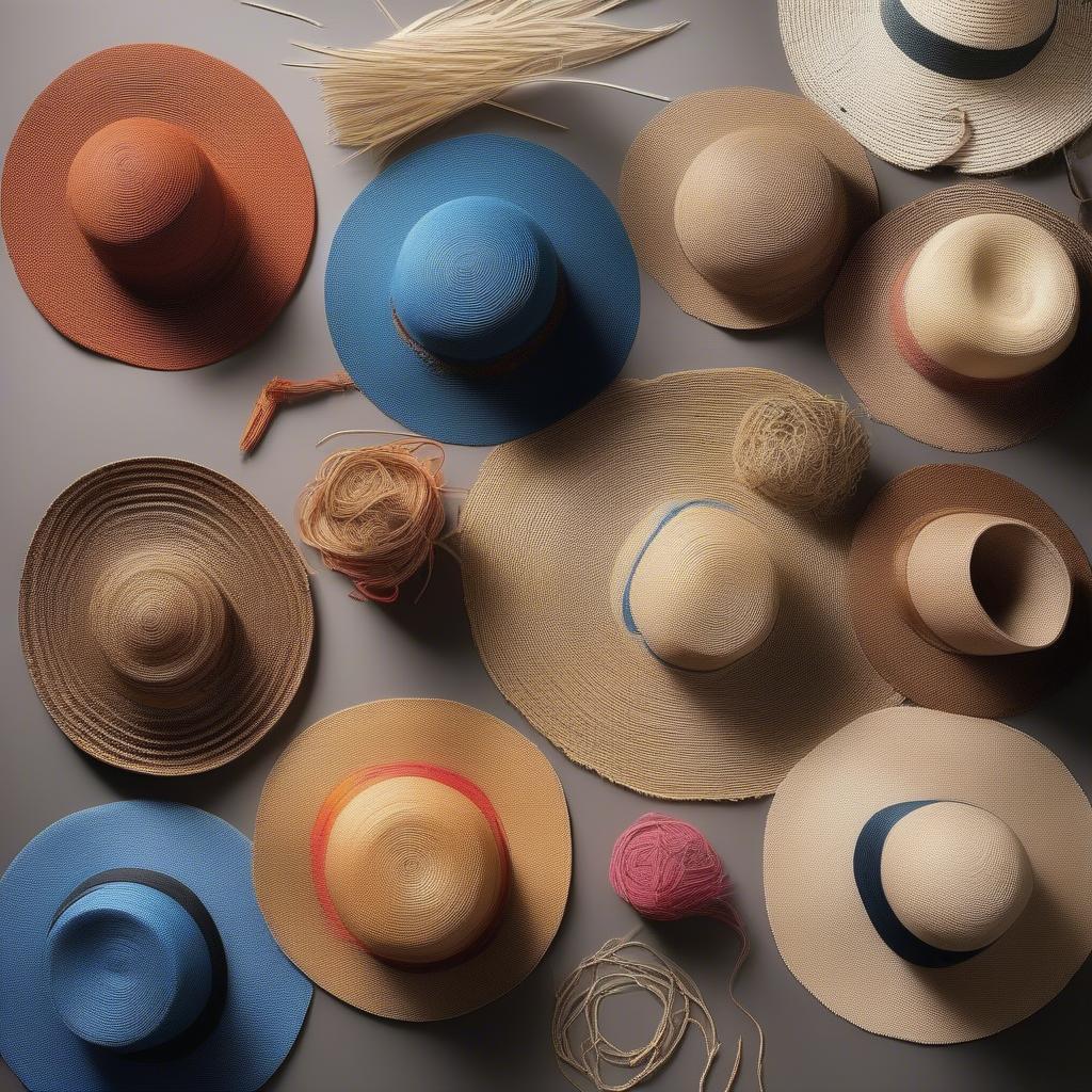 A collection of various free hat weaving patterns displayed on a table with different materials like yarn, straw, and raffia.