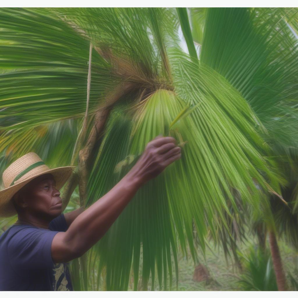 Gathering fresh coconut leaves for hat weaving