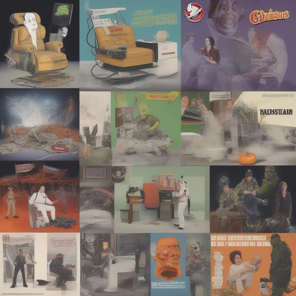 Various pop culture references to the iconic Ghostbusters chair scene, showcasing its enduring influence.