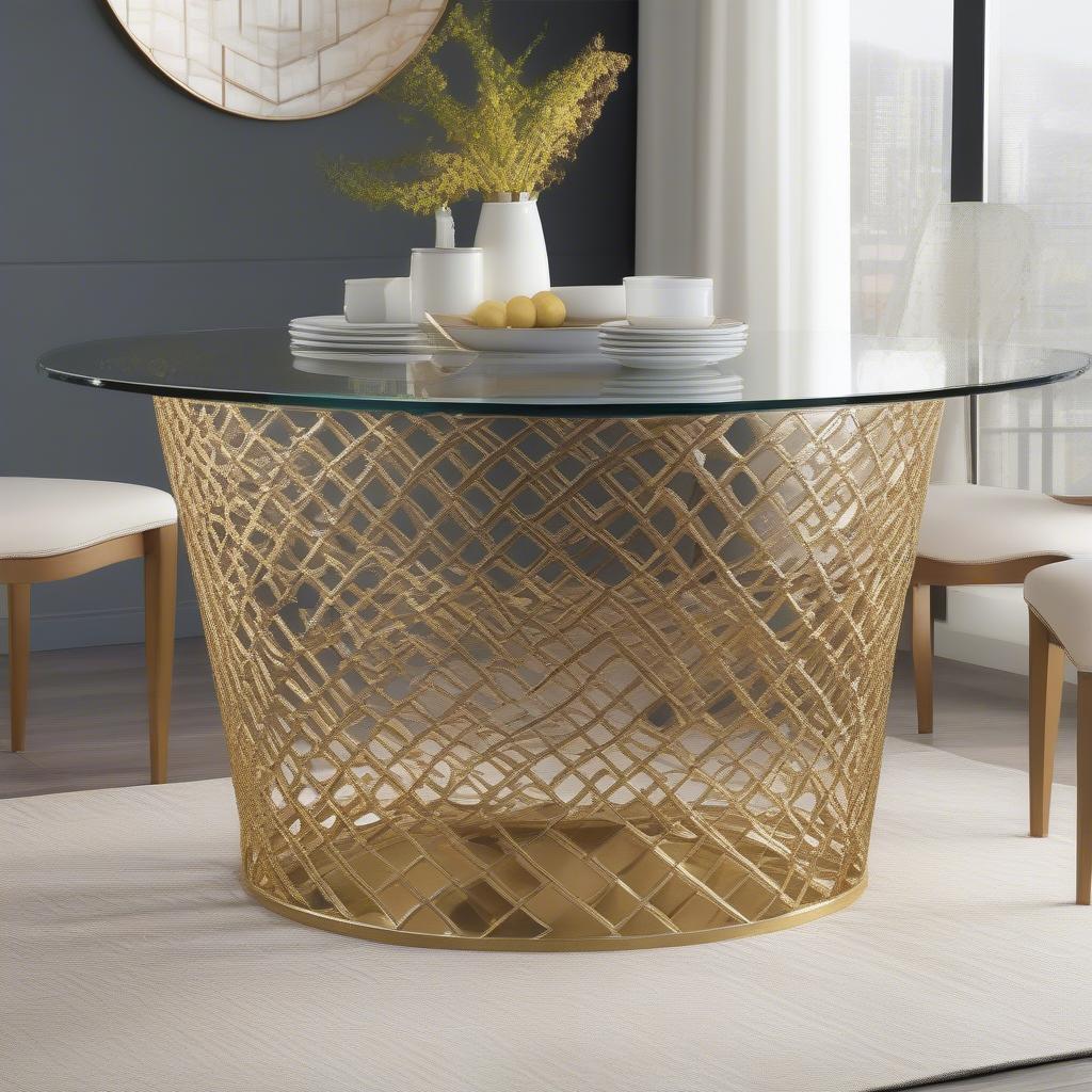 Gold Basket Weave Dining Table Base with 48-inch Glass Top