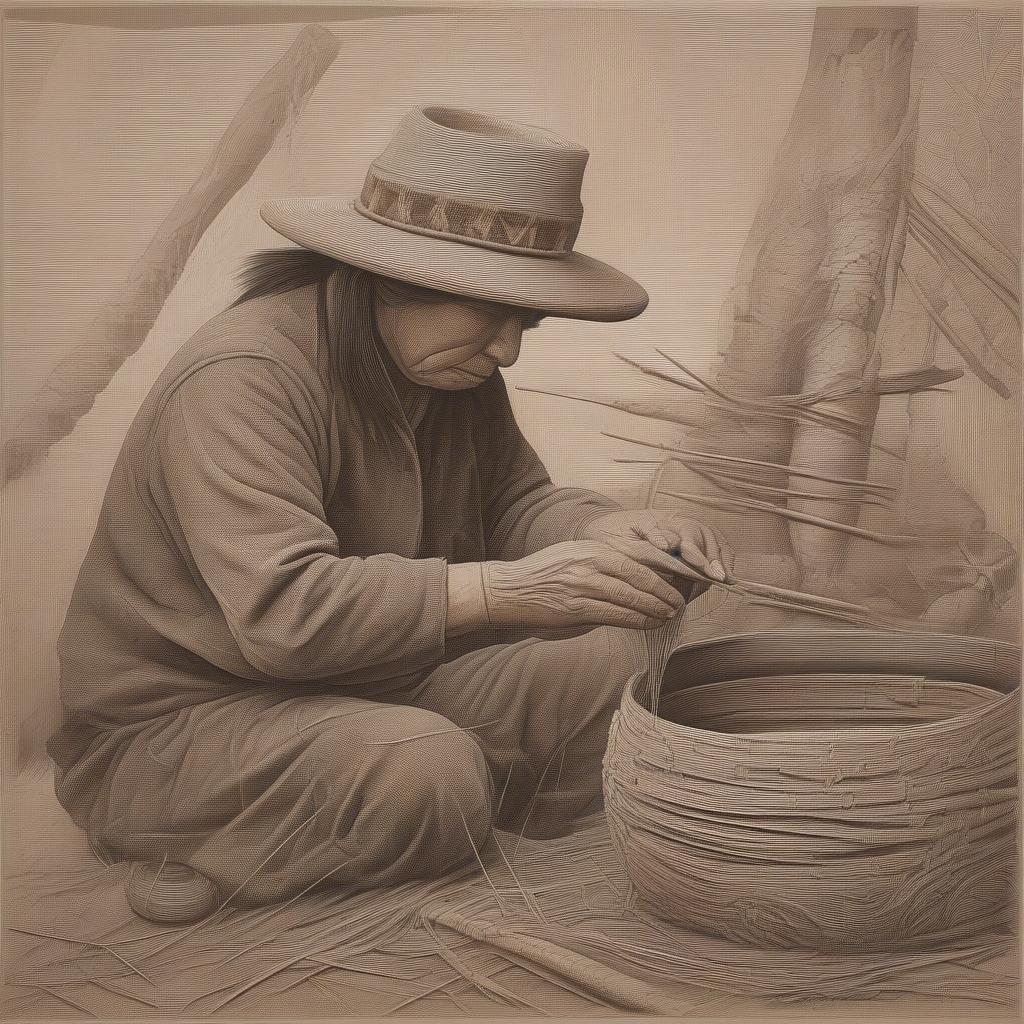 A Haida weaver meticulously crafting a hat