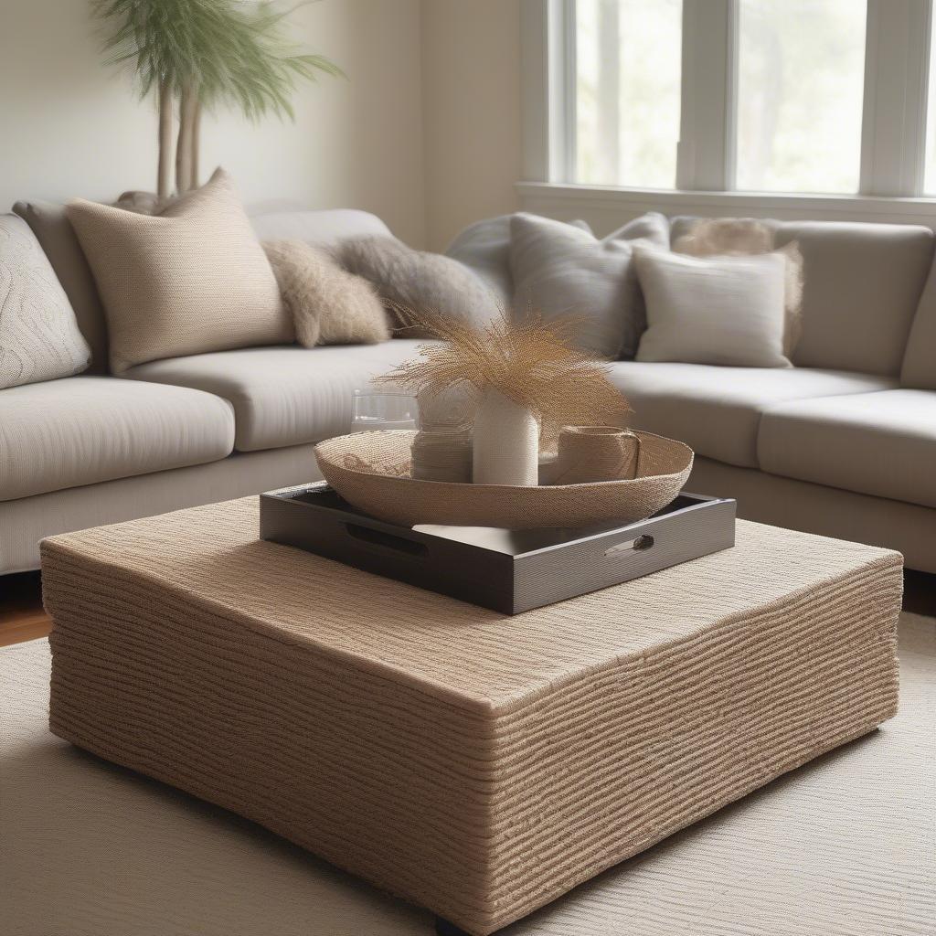 A primitive Hampton weave table square used as a centerpiece on a coffee table in a modern living room setting.