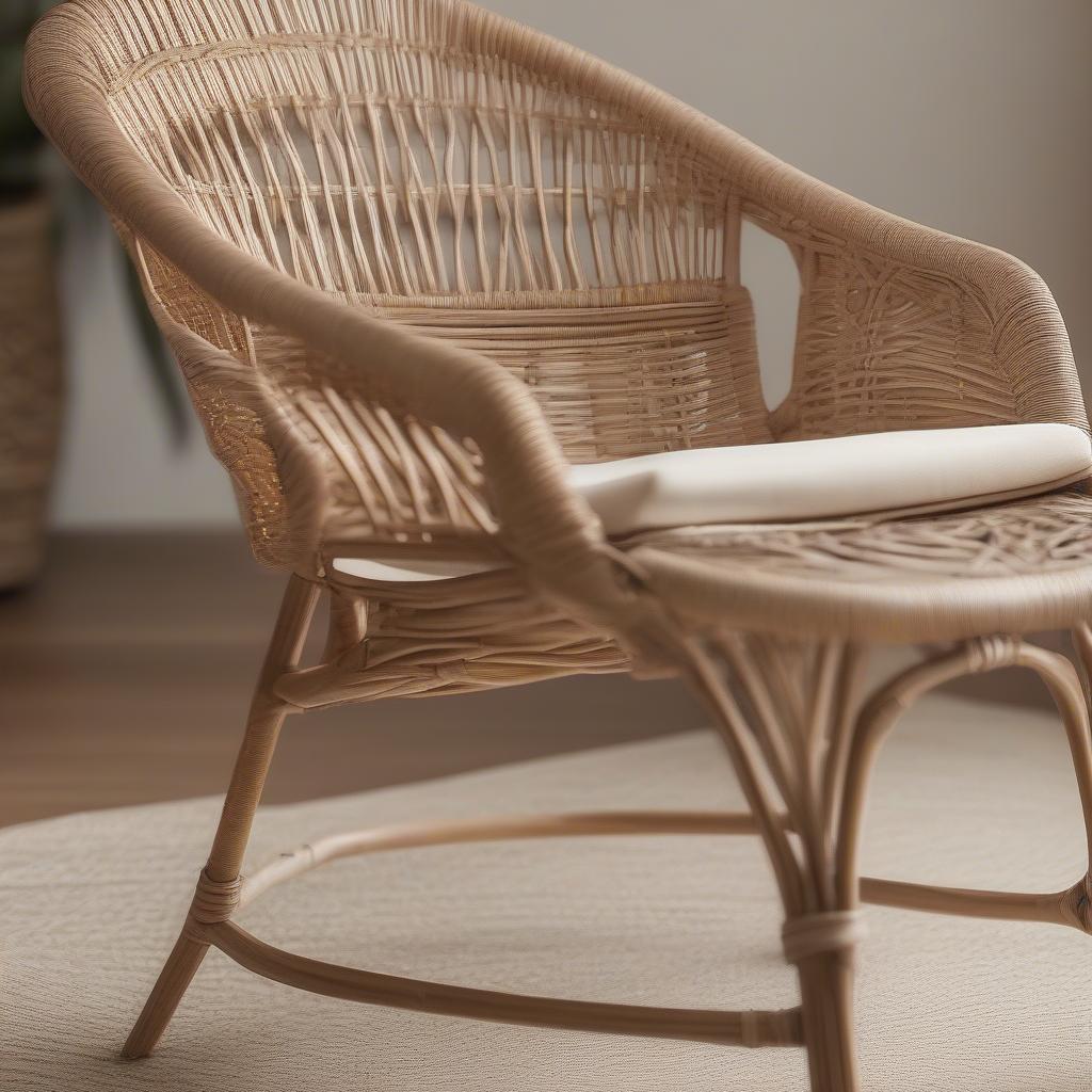 Hand-woven chairs and tables made from natural fibers like wicker and rattan.