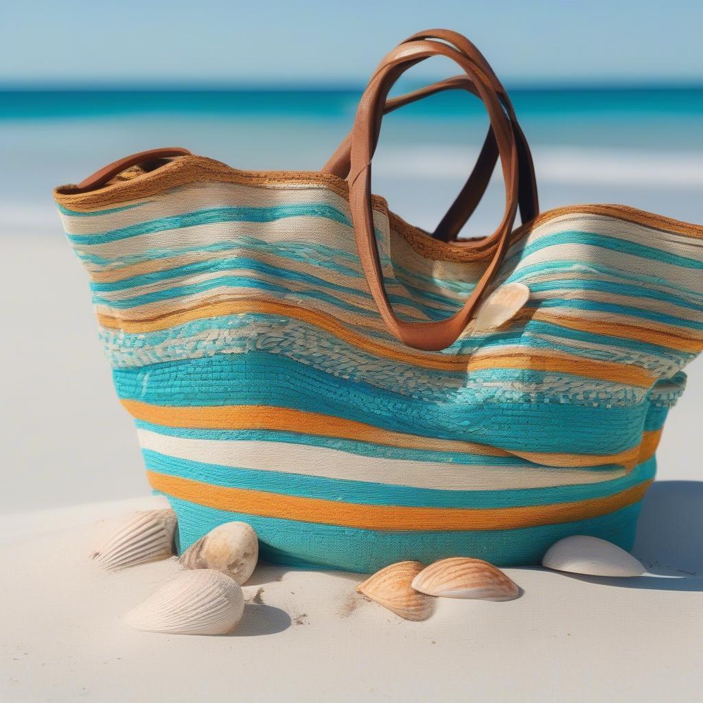 A close-up of a hand woven straw beach bag placed on a sandy beach with the ocean in the background.