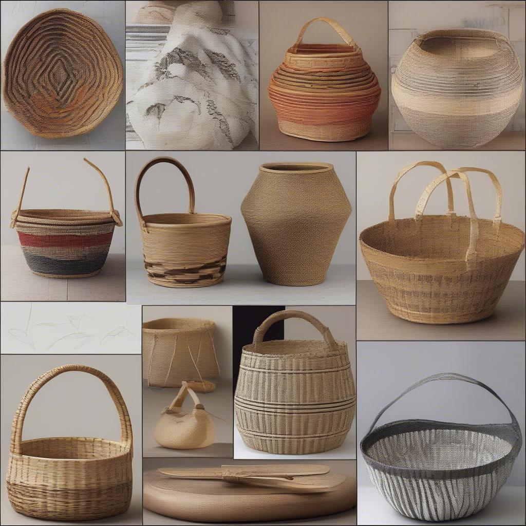 Various styles of handmade weaving baskets showcasing different materials and techniques.