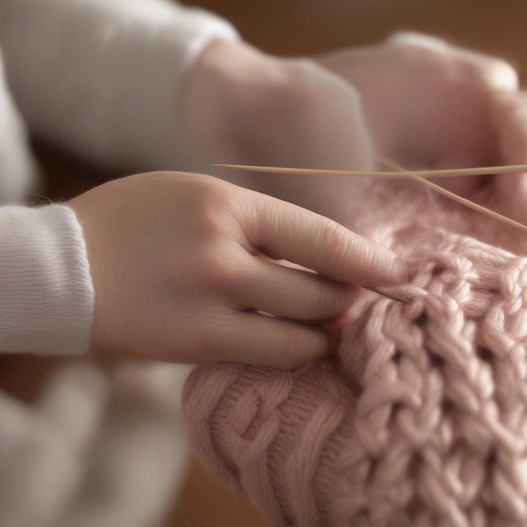 Close-up of hands demonstrating the basket weave stitch on a knitting loom, clearly showing the yarn placement and movement.