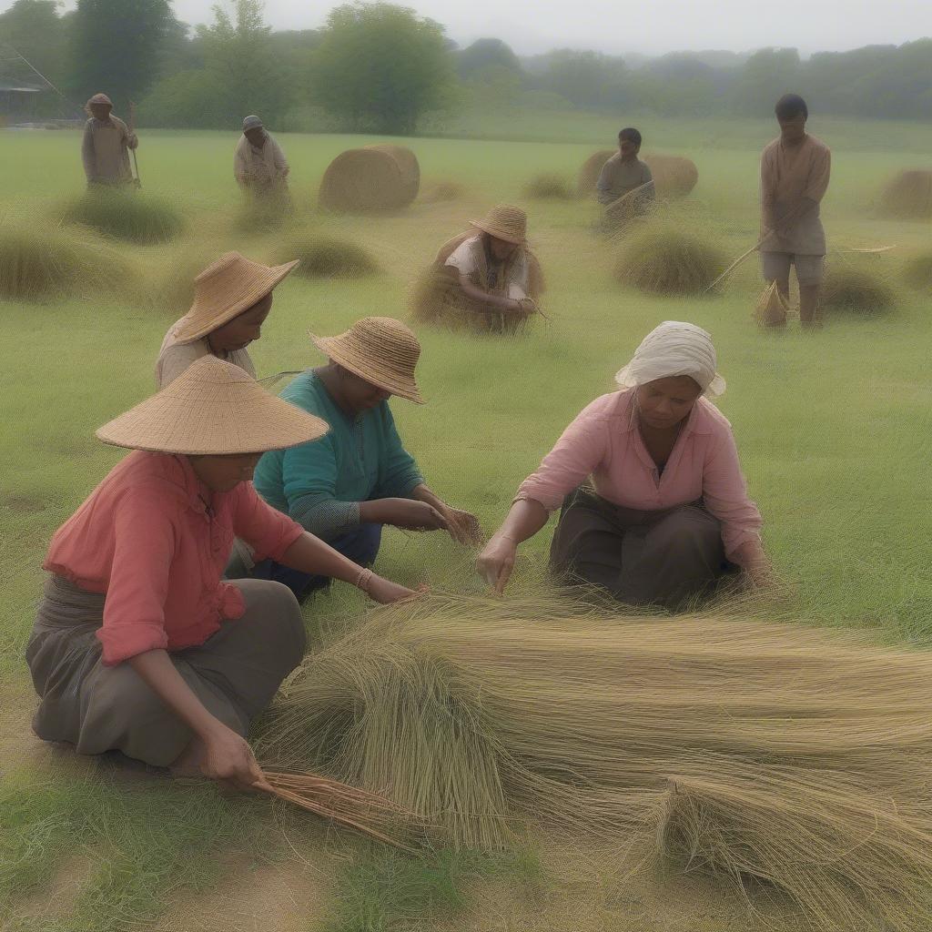 People harvesting grass for basket weaving, showing the sustainable practices involved.