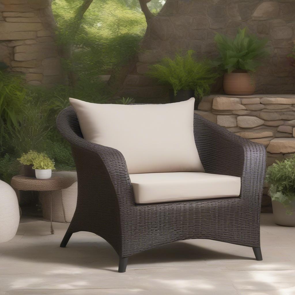 High back plastic weave outdoor chair with cushions on a patio