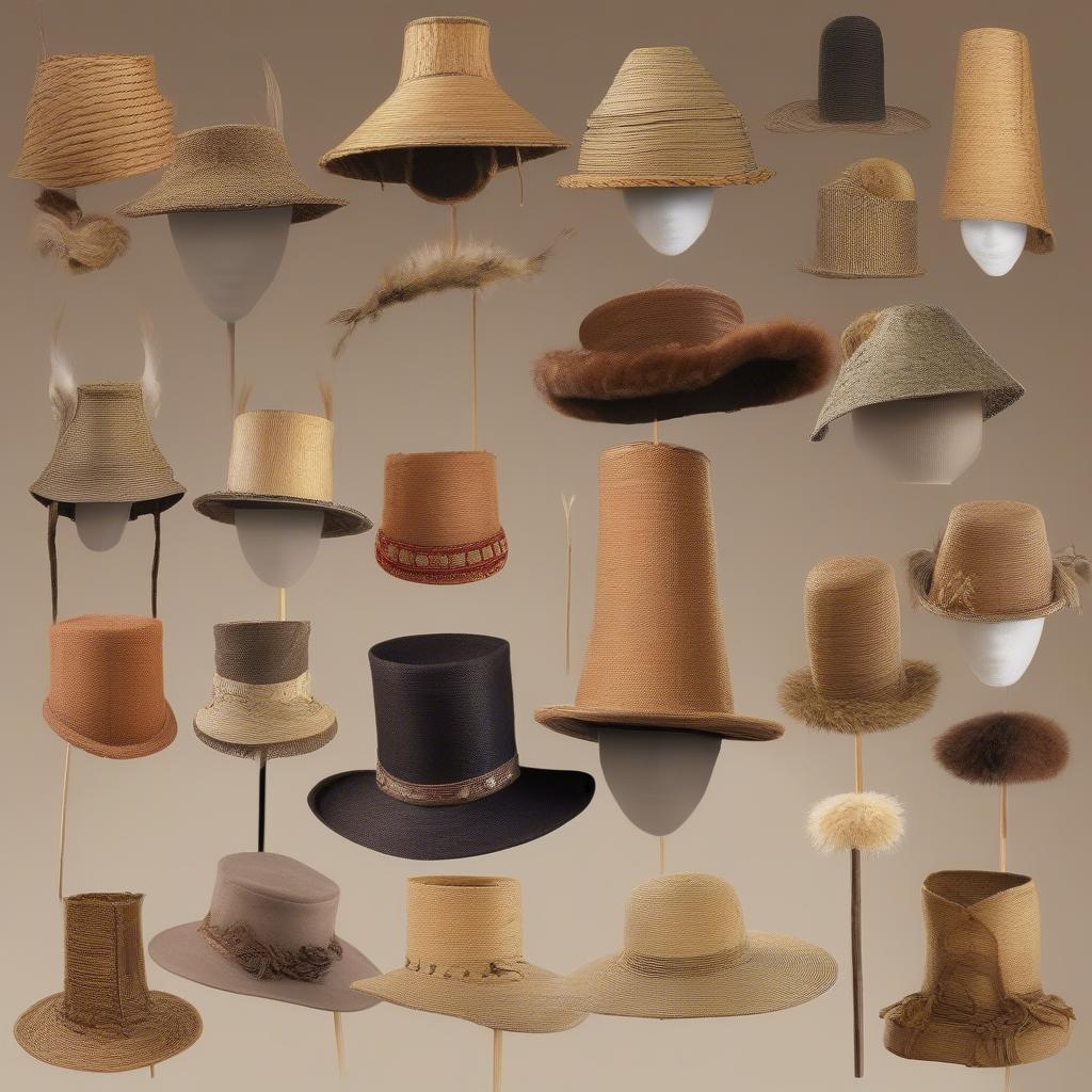 Various historical examples of cattail hats, showcasing different styles and designs from different cultures and time periods.