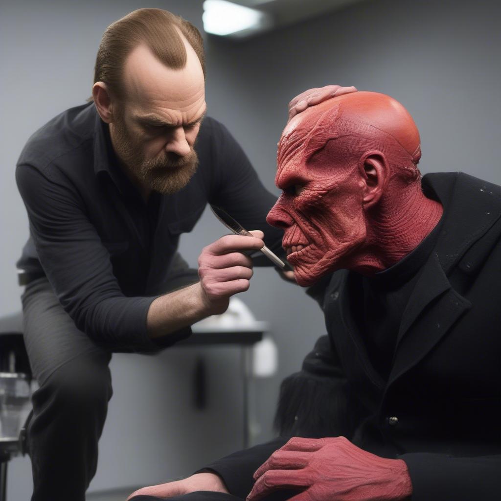 Hugo Weaving undergoing the Red Skull makeup process