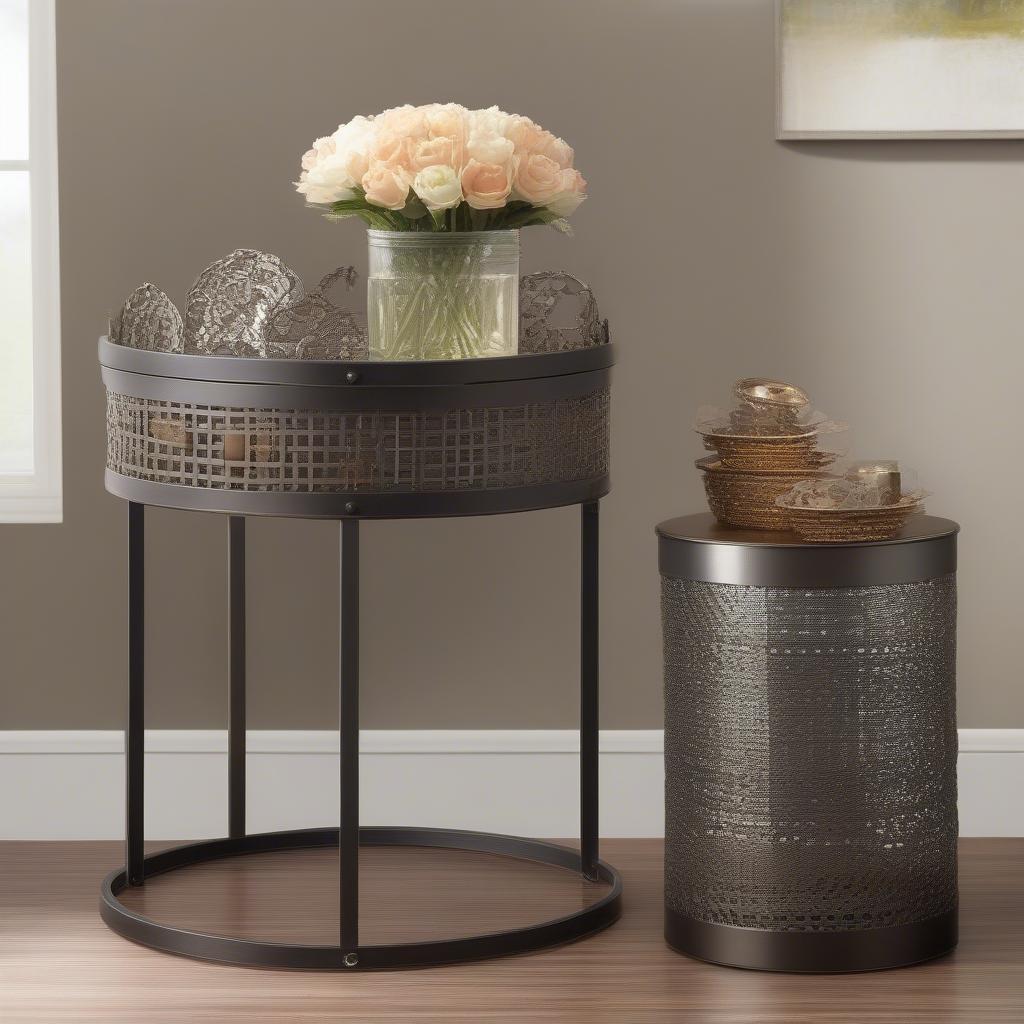 Innerspace weave metal barrel end table styled with decorative objects