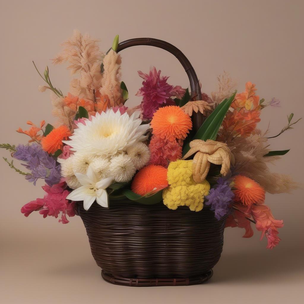 A vibrant display of colorful flowers arranged in a traditional Japanese weave basket.