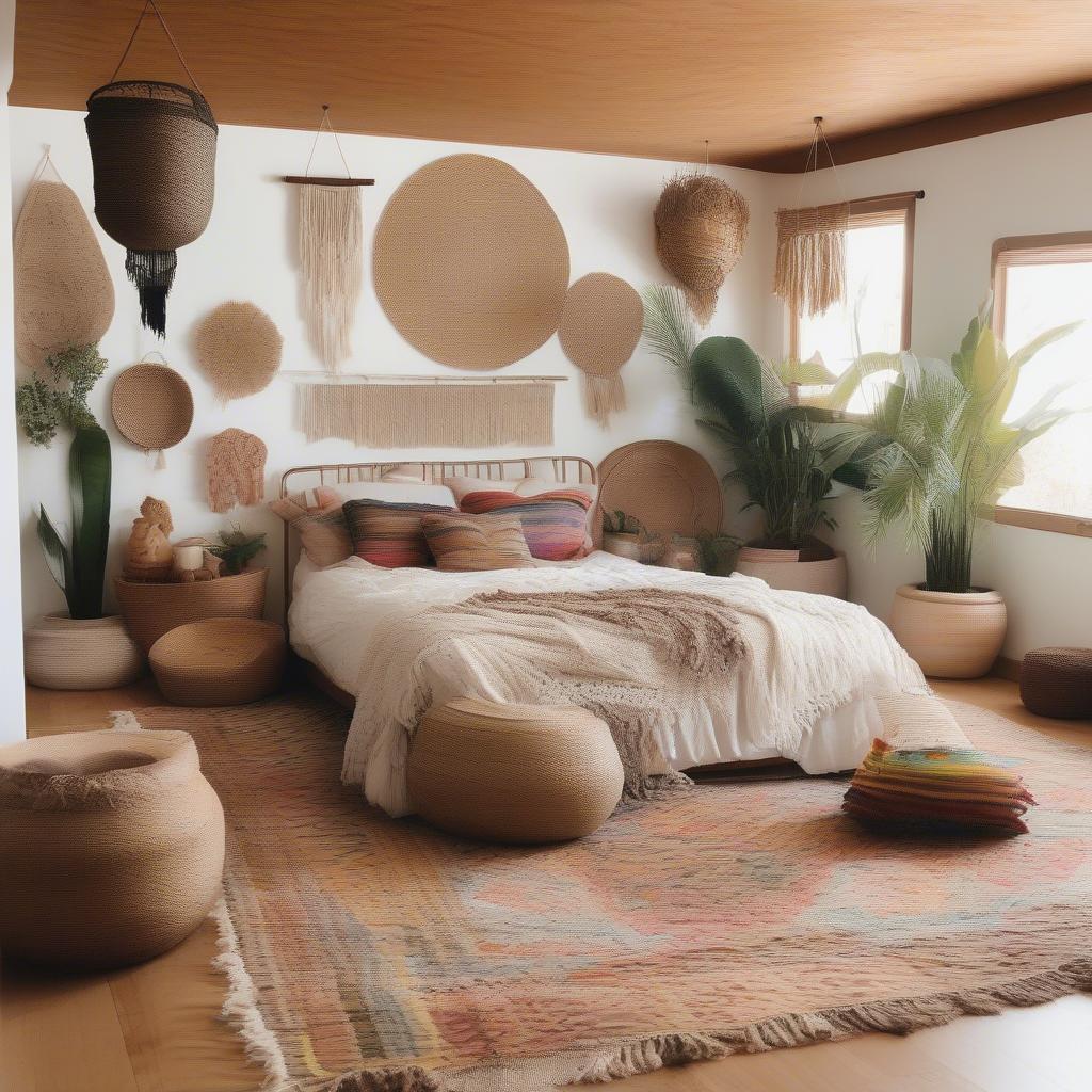 Jute basket weave rug in a bohemian bedroom