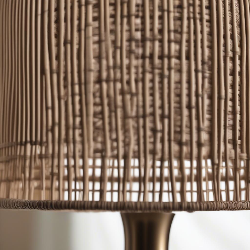 Close-up view of the Kathy Ireland Palace Weave Table Lamp showcasing the intricate wicker/rattan weave and natural material texture.