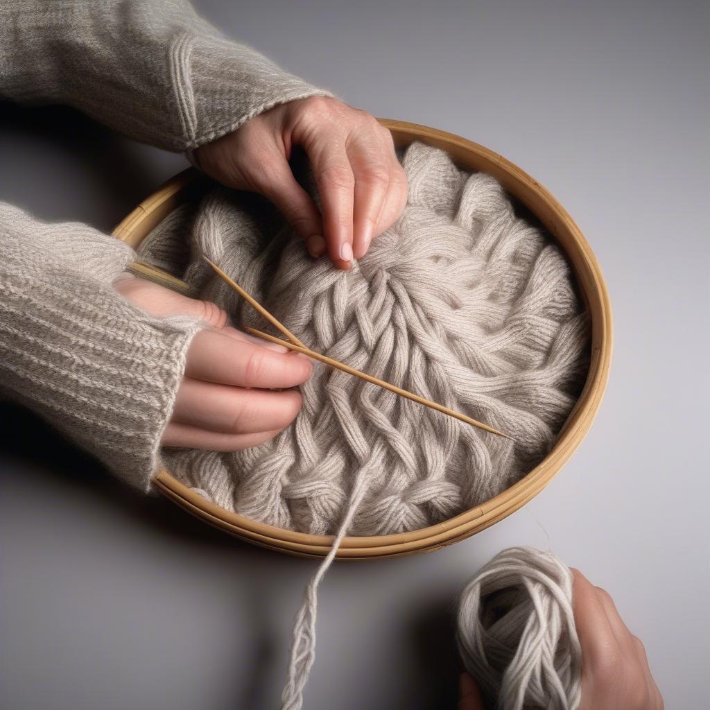 A knitter working on a basket weave hat