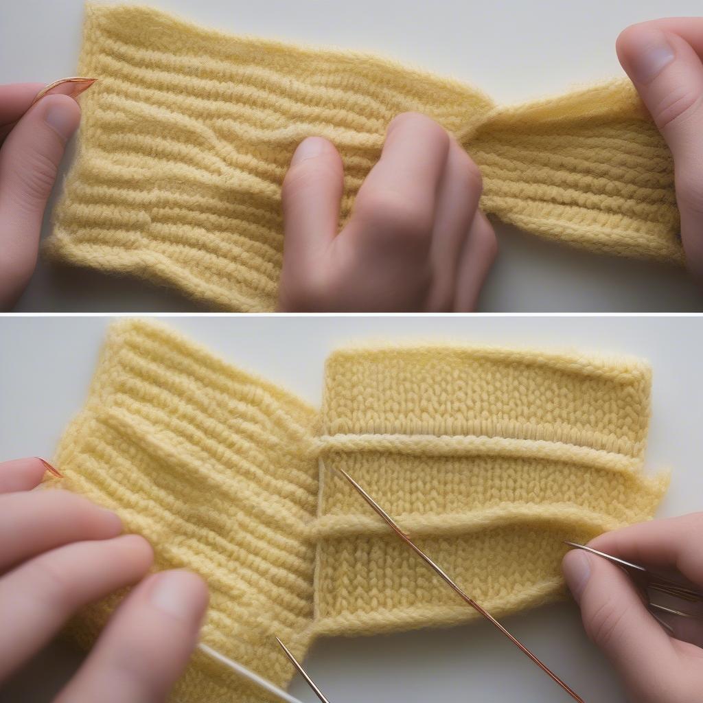 Step-by-step tutorial on knitting the basket weave stitch, showing needle placement and yarn movement.