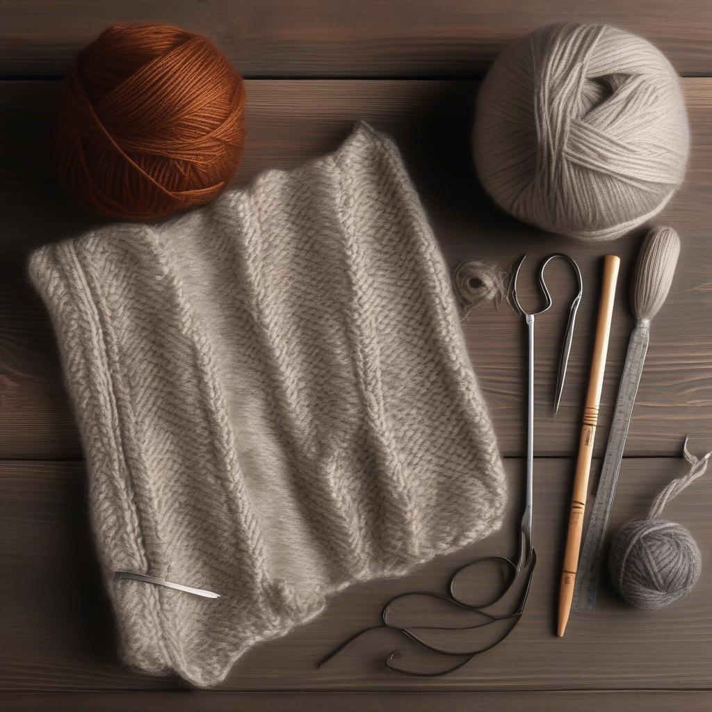 Yarn, needles, scissors, and a tapestry needle laid out on a table, ready for knitting a basket weave scarf