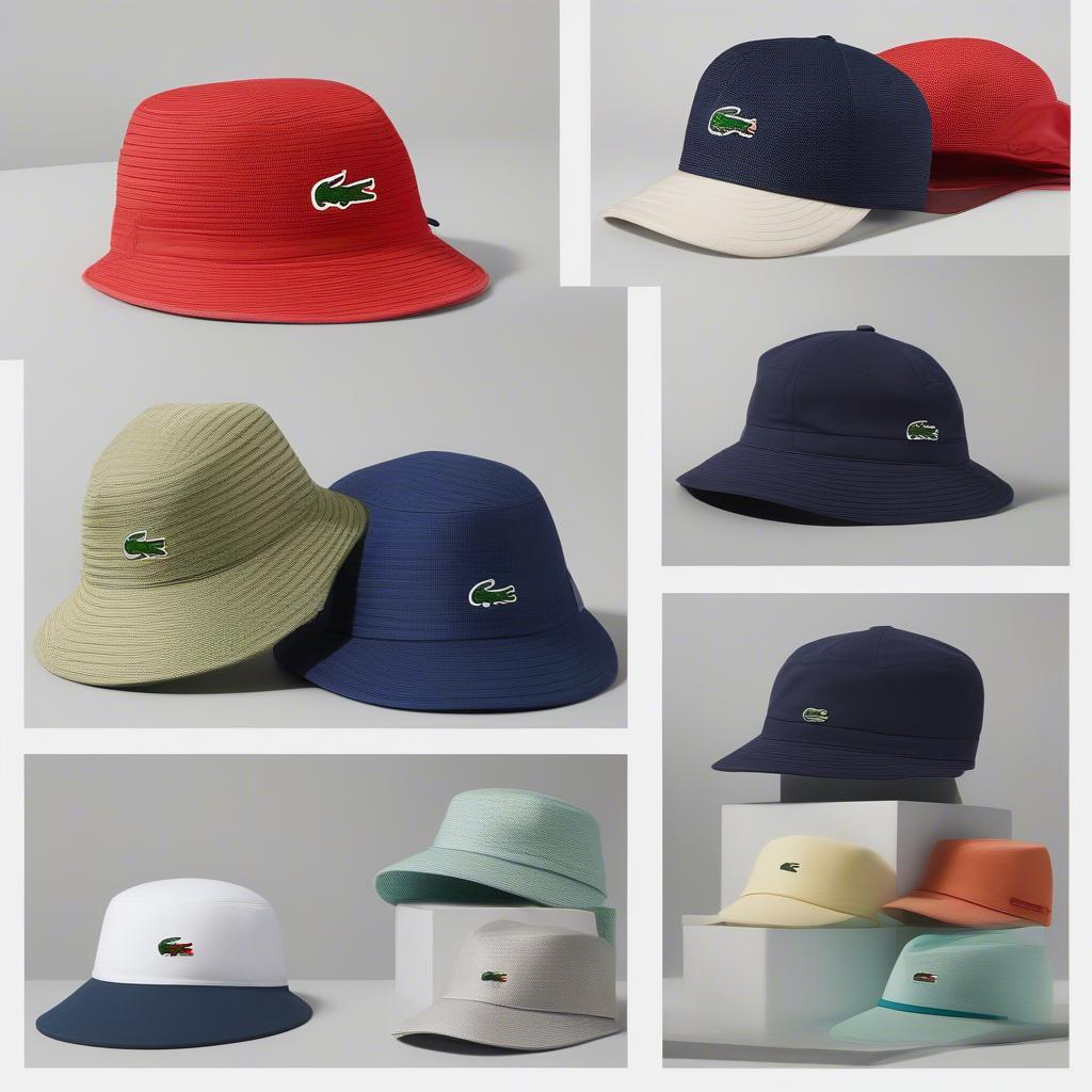 Different styles of Lacoste diamond weave hats: baseball cap, bucket hat, visor