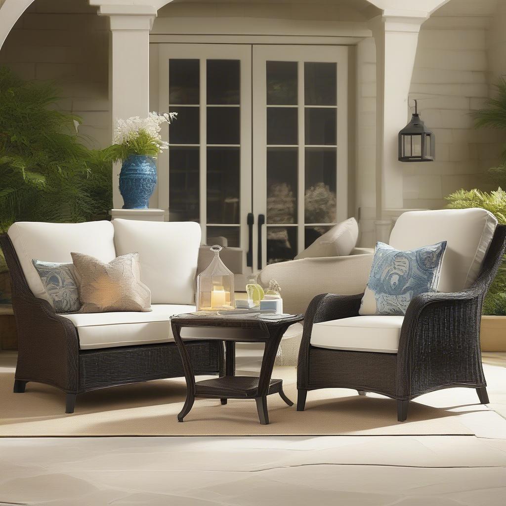 Lane Venture Excursion chair in an outdoor patio setting, styled with coordinating cushions and accessories.