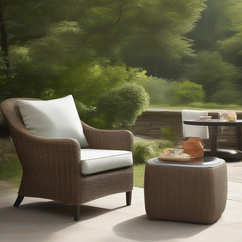 Lane Venture Excursion Weave Chair placed in a patio setting with other outdoor furniture.